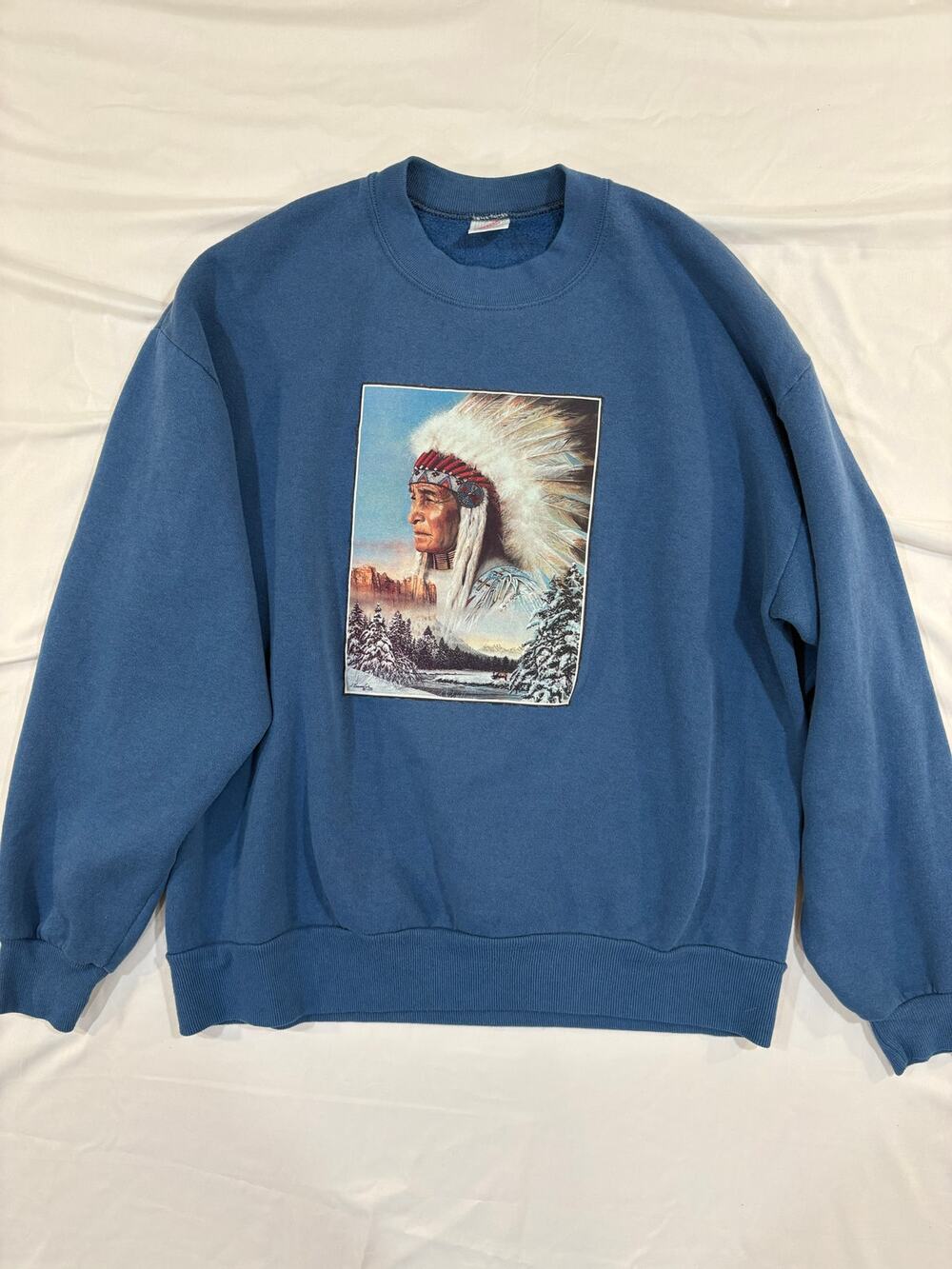 Vintage 90s Jerzees Blue American Indian Crewneck Pullover Sweatshirt Size Large